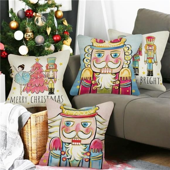 Set of 4 Merry Christmas Nutcracker Decorative Throw Pillow Covers 18x18 Inch - Picture 1 of 8